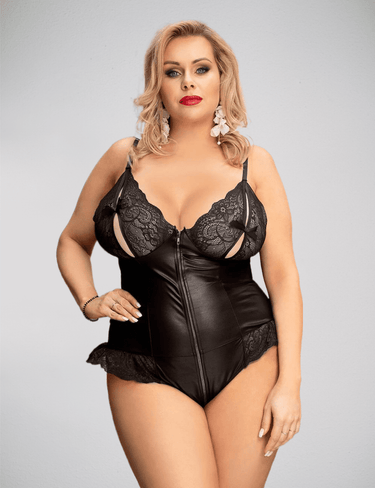 Scandals Sexy Lace Leather Stitching Zipper Teddy Bodies & Teddies Scandals Lingerie Black XL-2XL